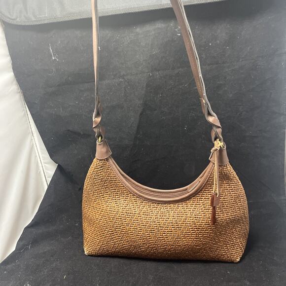 Fossil Handbags - Vintage 90s Fossil Woven Shoulder Brown Bag With Leather Braided Strap And Trim